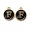 Golden Plated Alloy Charms, Cadmium Free & Lead Free, with Enamel, Enamelled Sequins, Flat Round with Letter, Black, Letter.F, 14x12x2mm, Hole: 1.5mm