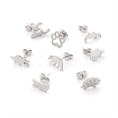 Crafans 16 Pairs 16 Style Crocodiles & Dog & Swan & Hedgehog & Dinosaur & Bird 304 Stainless Steel Stud Earrings EJEW-CF0001-02P-1