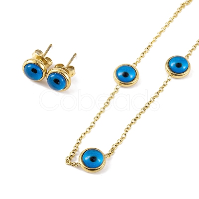 Ion Plating(IP) Evil Eye Resin Stud Earrings & Necklaces Sets SJEW-M100-03G-1