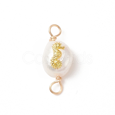 Grade AA Natural Cultured Freshwater Pearl Connector Charms with Golden Tone Alloy Slices PALLOY-JF01996-03-1