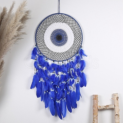 Evil Eye Woven Web/Net with Feather Wall Hanging Decorations PW-WG77758-01-1