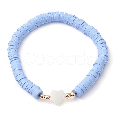 Handmade Polymer Clay with Natural Trochid Shell/Trochus Shell Beaded Stretch Bracelets for Women BJEW-JB10203-01-1