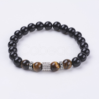 Natural Obsidian & Tiger Eye Stretch Bracelets BJEW-P188-06B-1