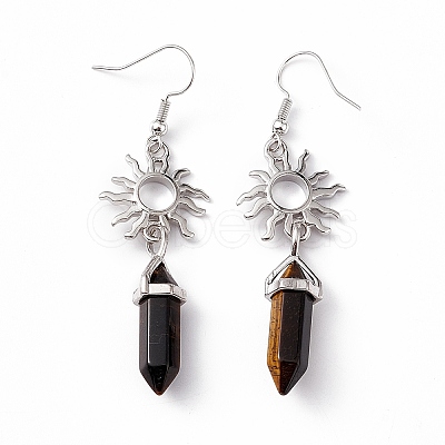 Natural Tiger Eye Bullet with Sun Dangle Earrings EJEW-I276-01P-08-1