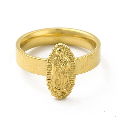 PVD Vacuum Plating 304 Stainless Steel Oval with Virgin Mary Finger Ring for Women RJEW-A013-02G-03-1