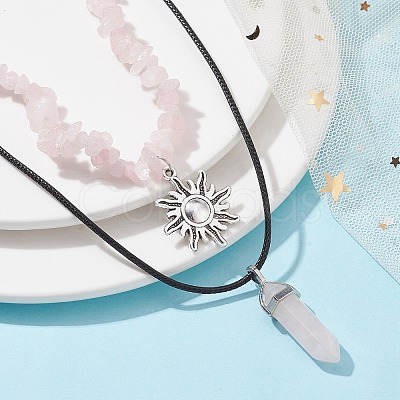 2Pcs 2 Style Natural Rose Quartz Bullet & Alloy Sun Pendant Necklaces Set NJEW-JN04514-04-1