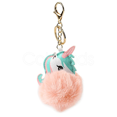 Imitation Rex Rabbit Fur Ball & PU Leather Unicorn Pendant Keychain KEYC-K018-01KCG-03-1