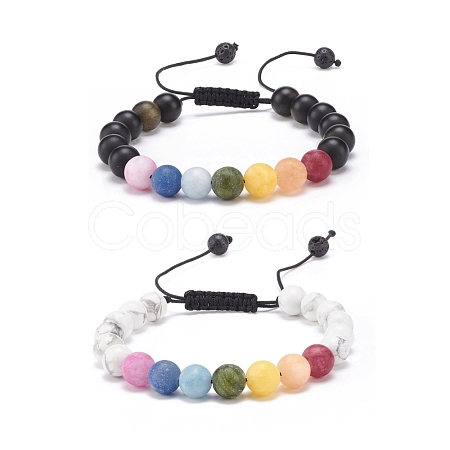 2Pcs 2 Style Natural Howlite & Golden Sheen Obsidian & Mixed Stone Round Braided Bead Bracelets Set for Women BJEW-JB08385-1