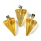 Spray Painted Glass Pendants, with Platinum Iron Loop, Cone, Yellow, 26.5x15.5x13.5mm, Hole: 7.5mm