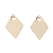 Brass Charms, Long-Lasting Plated, Rhombus, Real 24K Gold Plated, 9x6x0.2mm, Hole: 1mm