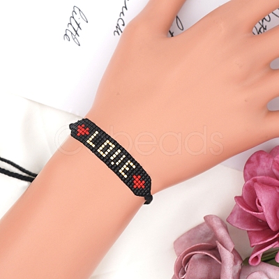 Glass Seed Wide Band With Word Love Heart Friendship Link Bracelet for Women BJEW-P269-12-1