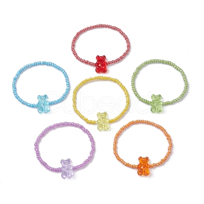 6 PCS Rainbow Style Bear Shape Acrylic Beaded Bracelets Set for Children BJEW-JB10066-1