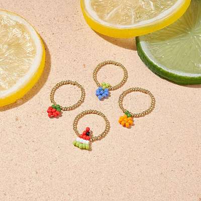 4Pcs 4 Style Strawberry & Orange & Watermelon & Grape Pattern Glass & Brass Braided Bead Finger Ring for Women RJEW-TA00047-1