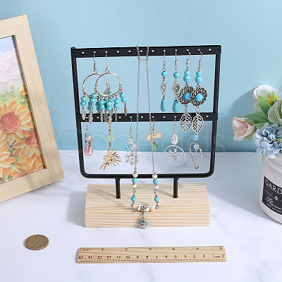 SUNNYCLUE 1 Set 2-Tier Rectangle Iron Jewelry Dangle Earring Organizer Holder with Wooden Base EDIS-SC0001-08A-1