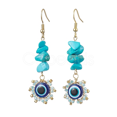 Evil Eye Synthetic Turquoise Chip & Seed Beads Dangle Earrings EJEW-MZ00166-05-1