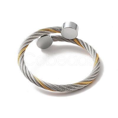 304 Stainless Steel Twist Rope Open Cuff Bangle with Flat Round Beaded for Women BJEW-P283-52-1