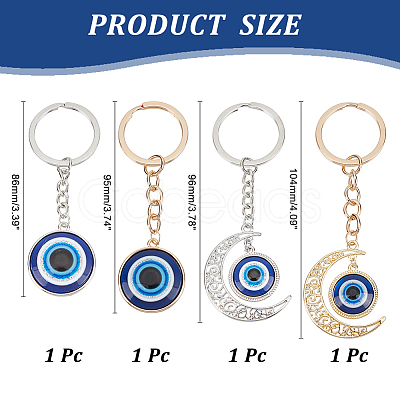 ARRICRAFT 4Pcs 4 Style Flat Round & Moon with Evil Eye Resin Pendant Keychains KEYC-AR0001-23-1