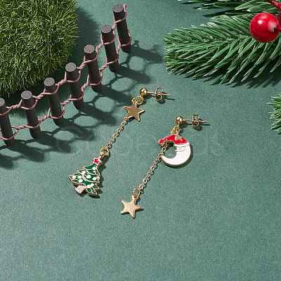 Christmas Tree & Moon Alloy Enamel Dangle Stud Earrings EJEW-TA00096-1