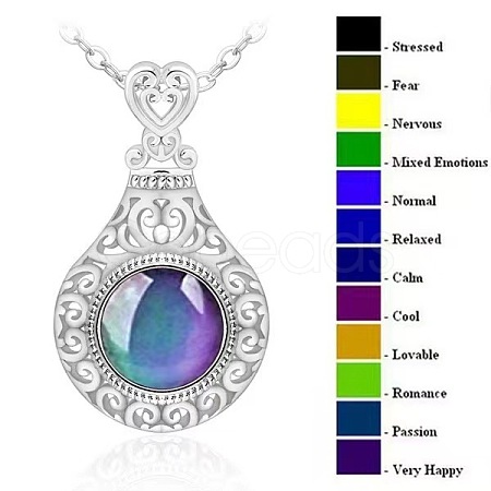 Alloy Glass Temperature Sensing Color Changing Mood Hollow Teardrop Pendant Cable Chain Necklaces for Women PW-WG81C57-01-1