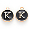 Golden Plated Alloy Charms, Cadmium Free & Lead Free, with Enamel, Enamelled Sequins, Flat Round with Letter, Black, Letter.K, 14x12x2mm, Hole: 1.5mm