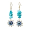 Evil Eye Synthetic Turquoise Chip & Seed Beads Dangle Earrings, 304 Stainless Steel Jewelry for Women, Golden, Blue, 61~63x18mm