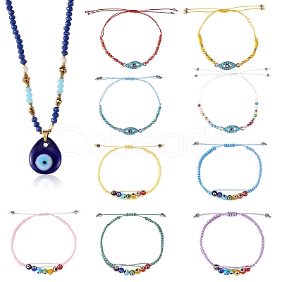 10Pcs 10 Style Evil Eye Braided Bead Bracelets & Pendant Necklace Sets SJEW-SZ0001-014-1