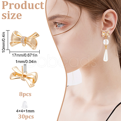 GOMAKERER 8Pcs Brass Micro Pave Clear Cubic Zirconia Bowknot Stud Earring Findings KK-BC0011-03-1