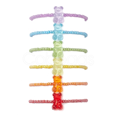 6 PCS Rainbow Style Bear Shape Acrylic Beaded Bracelets Set for Children BJEW-JB10066-1