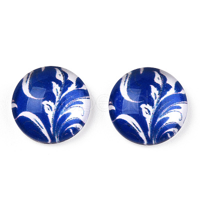 Blue and White Floral Printed Glass Flatback Cabochons X-GGLA-A002-12mm-XX-1