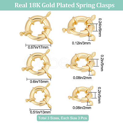 Beebeecraft 9Pcs 3 Styles Rack Plating Brass Spring Clasps KK-BBC0005-66-1