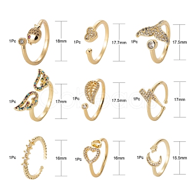 9Pcs 9 Style Brass Micro Pave Clear Cubic Zirconia Cuff Rings RJEW-LS0001-47G-1