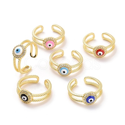 Enamel Evil Eye Open Cuff Ring with Clear Cubic Zirconia RJEW-A007-04LG-1