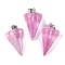 Spray Painted Glass Pendants, with Platinum Iron Loop, Cone, Pink, 26.5x15.5x13.5mm, Hole: 7.5mm