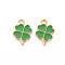 Alloy Enamel Pendants, Clover, Light Gold, Medium Sea Green, 18x12x2mm, Hole: 2mm