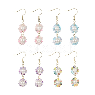 Glass Seed & Shell Pearl Beaded Flower Dangle Earrings EJEW-JE05275-1