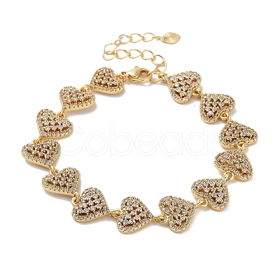 Rack Plating Brass Pave Clear Cubic Zirconia Heart Link Chain Bracelets for Women BJEW-R317-06G-1