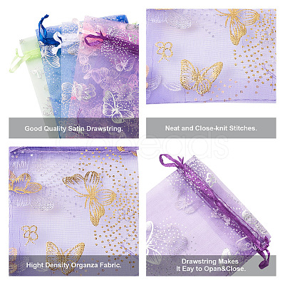 Kissitty 100Pcs 2 Style Gold Stamping Butterfly Rectangle Organza Gift Bags OP-KS0001-01-1