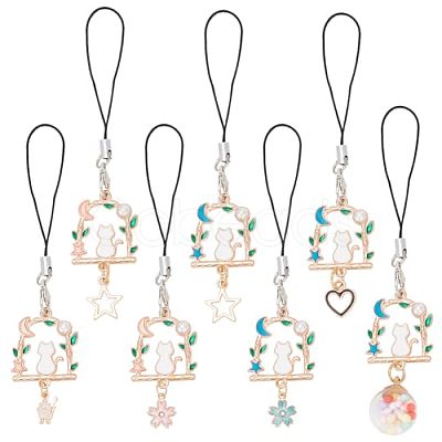 DELORIGIN 14Pcs 7 Style Alloy Enamel Arch with Cat Phone Charm Mobile Straps HJEW-DR0001-02-1