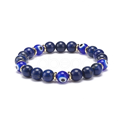 Natural Lapis Lazuli(Dyed) & Lampwork Evil Eye Round Beaded Stretch Bracelet BJEW-JB08713-05-1