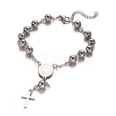 Tarnish Resistant Rosary Bead Bracelets with Cross X-BJEW-E282-01P-1