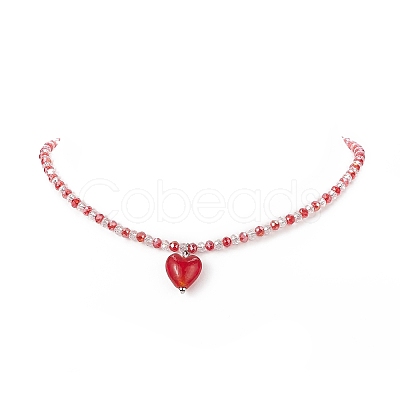 Glass Heart Pendant Necklace with Beaded Chains for Women NJEW-TA00060-1