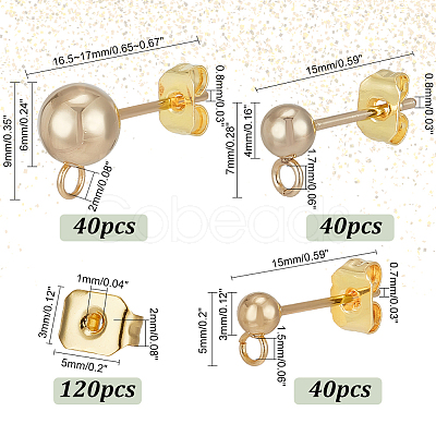 ARRICRAFT 120Pcs 3 Style 304 & 202 Stainless Steel & Brass Ball Post Stud Earring Findings Sets FIND-AR0003-85-1