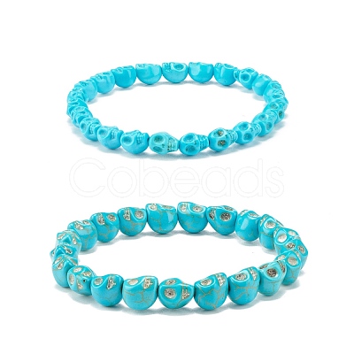 2Pcs 2 Style Synthetic Turquoise(Dyed) Skull Stretch Bracelets Set BJEW-JB08068-1