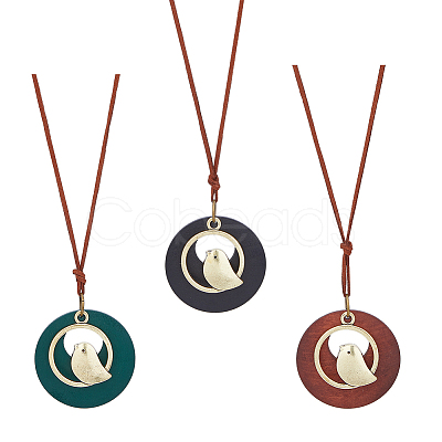 FIBLOOM 3Pcs 3 Colors Alloy Flat Round with Bird Pendant Necklaces Set with Faux Suede Cords NJEW-FI0001-30-1