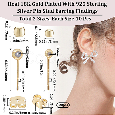 Beebeecraft 20Pcs 2 Style Brass Stud Earring Findings EJEW-BBC0001-24G-1