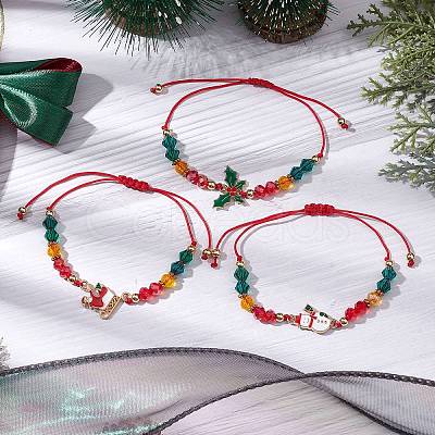 3Pcs 3 Styles Christmas Glass Braided Bead Bracelet Sets BJEW-JB10892-1