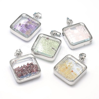 Mixed Stone Floating Locket Pendants with Glass and Platinum Tone Brass Findings G-F228-66-RS-1