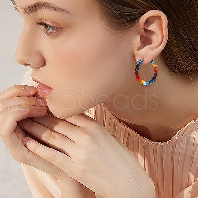 Boho Glass Seed Beaded Big Huggie Hoop Earrings for Women EJEW-SW00003-1