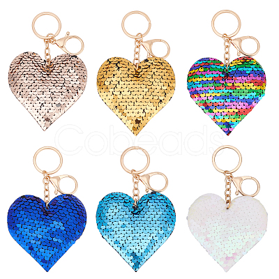 WADORN 6Pcs 6 Colors Valentine's Day Sequin Heart Pendant Keychain KEYC-WR0001-50-1