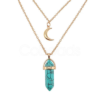 Natural Turquoise Cone Pendant Double Layer Necklace UX9990-31-1